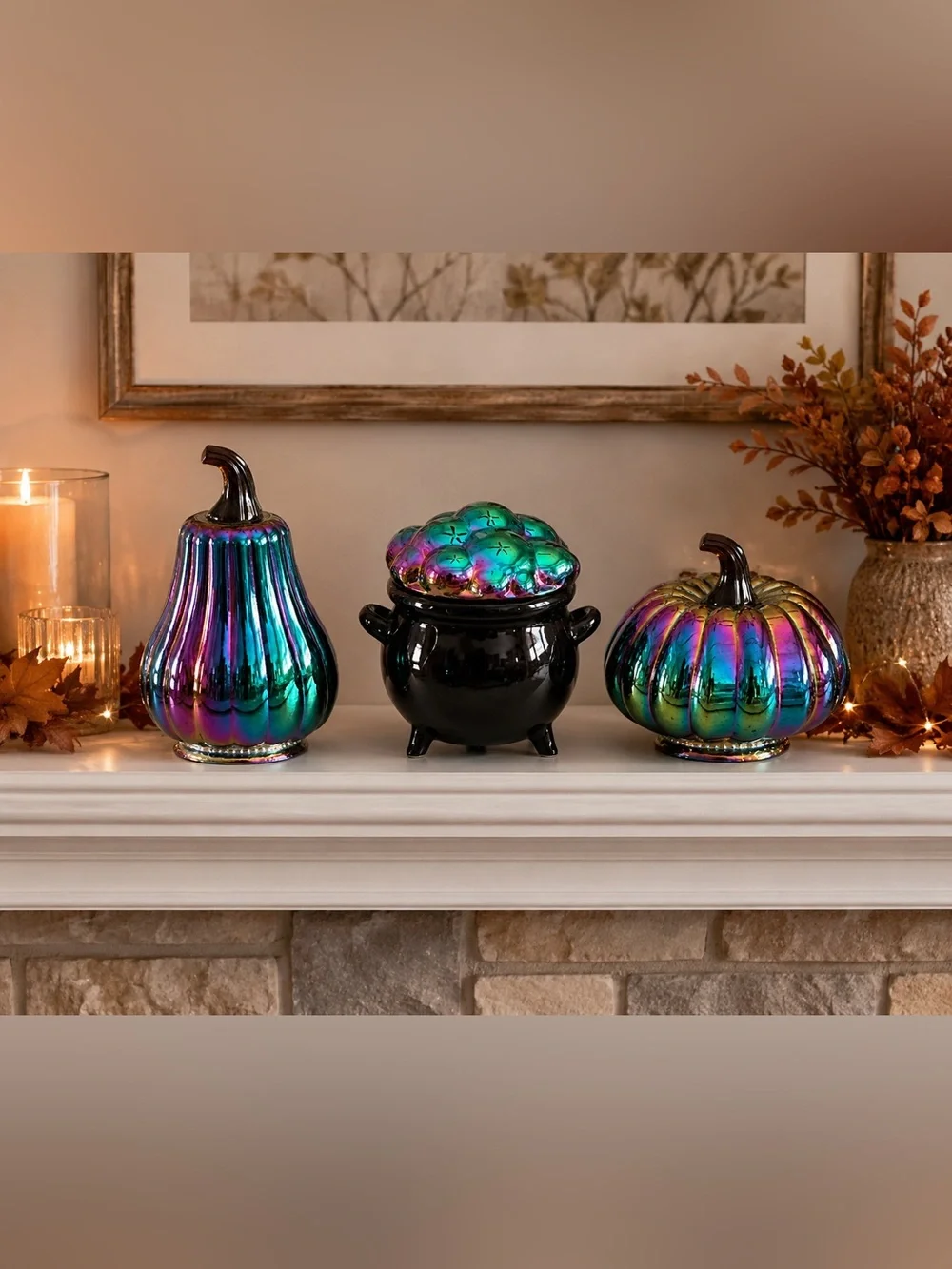 Iridescent Cauldron & Glass Pumpkin 3pc Bundle ~ Decorative Accent - Multicolor
